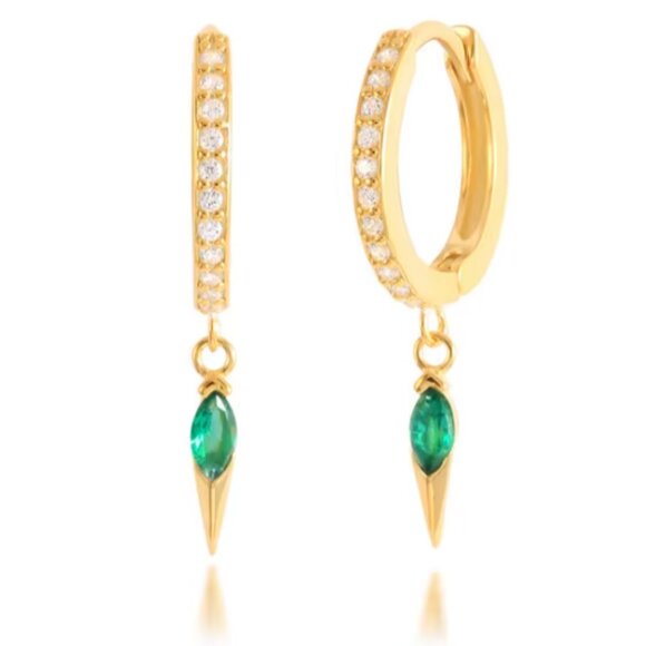 Gold Huggies with Green CZ Spike Dangle  Hypoallergenic Dainty Earrings PRETTY - Picture 1 of 16